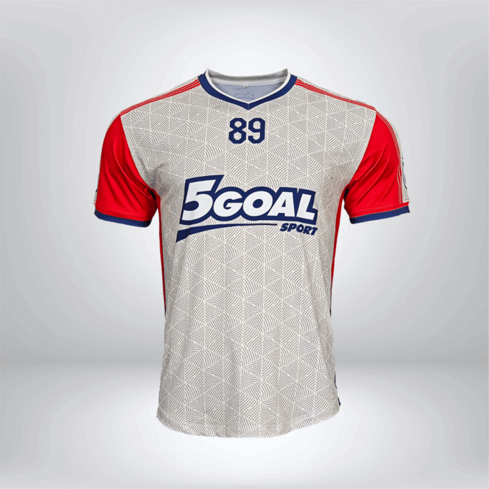 Áo thể thao nam 5GOAL SPORT tay ngắn, phối màu xám – đỏ – xanh navy, in số 89 nổi bật.