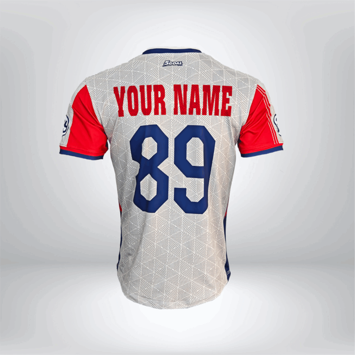 Áo thể thao nam 5GOAL SPORT tay ngắn, phối màu xám – đỏ – xanh navy.