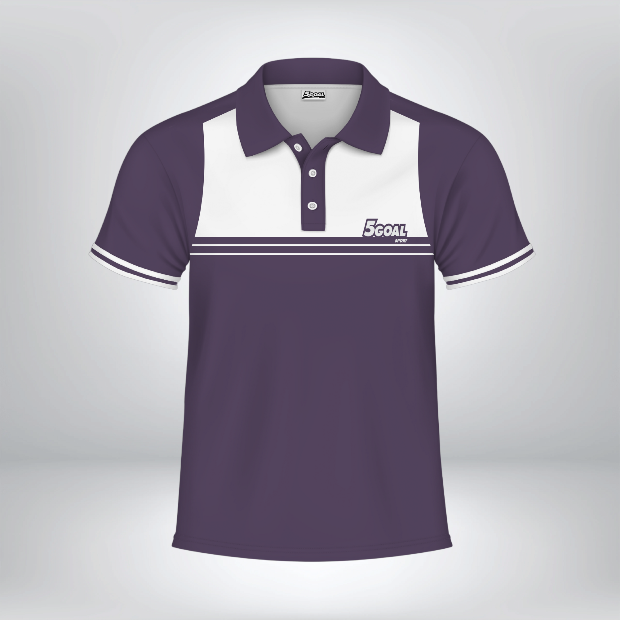 Áo polo 5GOALSPORT phối trắng – tím than, kiểu dáng thể thao, tay ngắn, cổ bẻ cá tính.