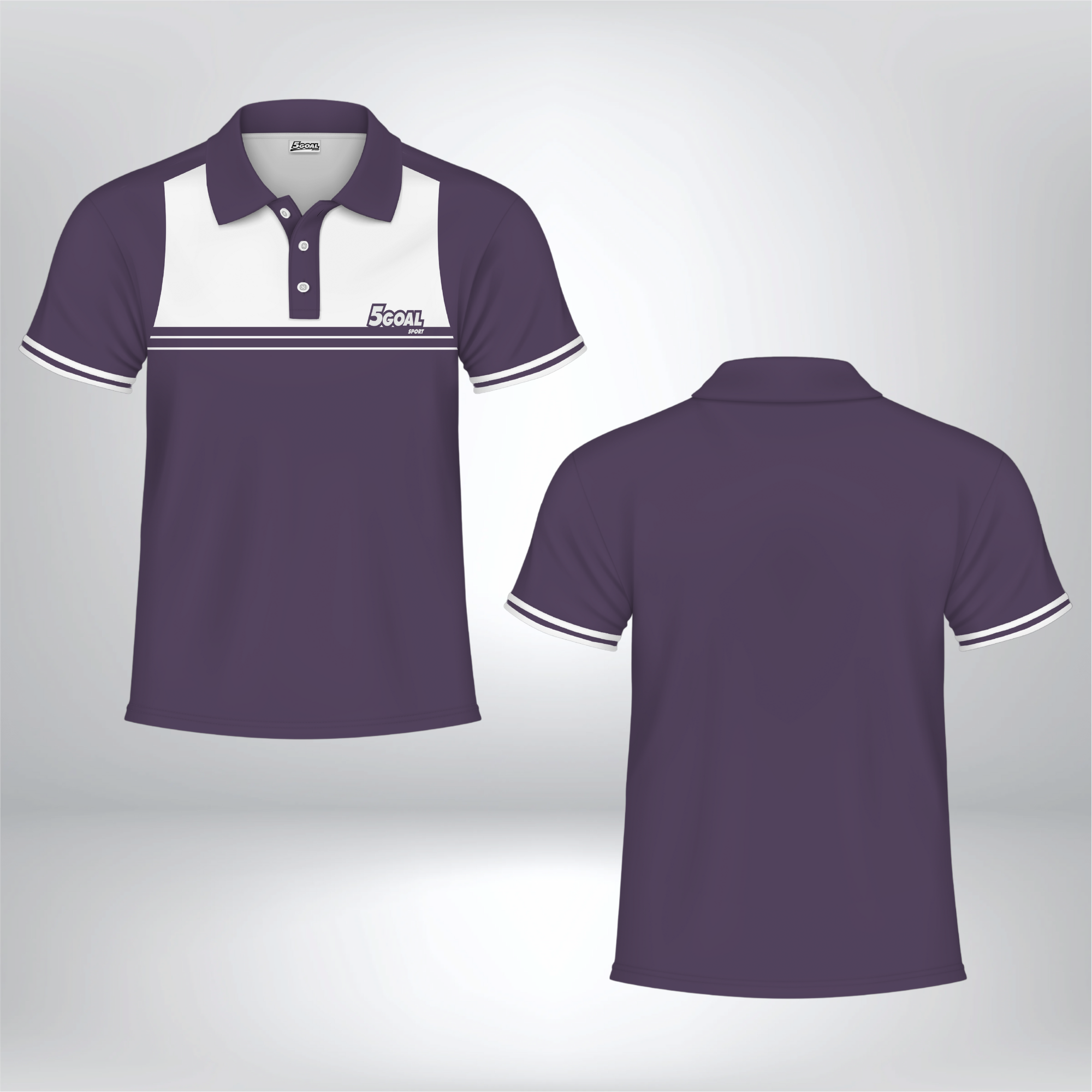 Áo polo 5GOALSPORT phối trắng – tím than, kiểu dáng thể thao, tay ngắn, cổ bẻ cá tính.